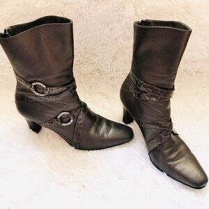 Brighton Heeled Boots 7.5 Risque Leather Mid-Calf Alligator Pewter Silver